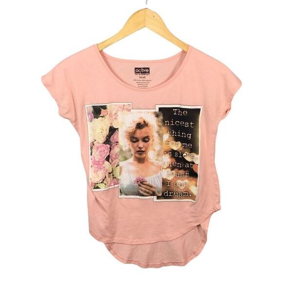 WS1057 Women’s Active Knitwear Marilyn Monroe Pink Hi Low Graphic Shirt Top S - Picture 1 of 3